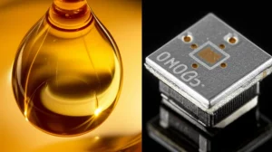 Macro lens, 60mm, high detail, precise focusing, controlled lighting, showing a drop of golden honey next to a small electronic gas sensor.