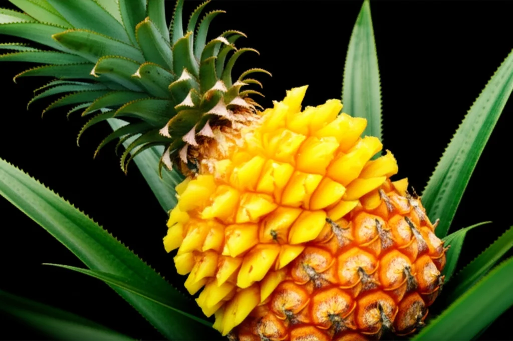 Photorealistic image of a perfectly ripe Unemat Rubi pineapple fruit, showcasing its vibrant yellow pulp and smooth, spineless leaves, ready for the international market. Macro lens, 105mm, high detail, precise focusing, controlled lighting.