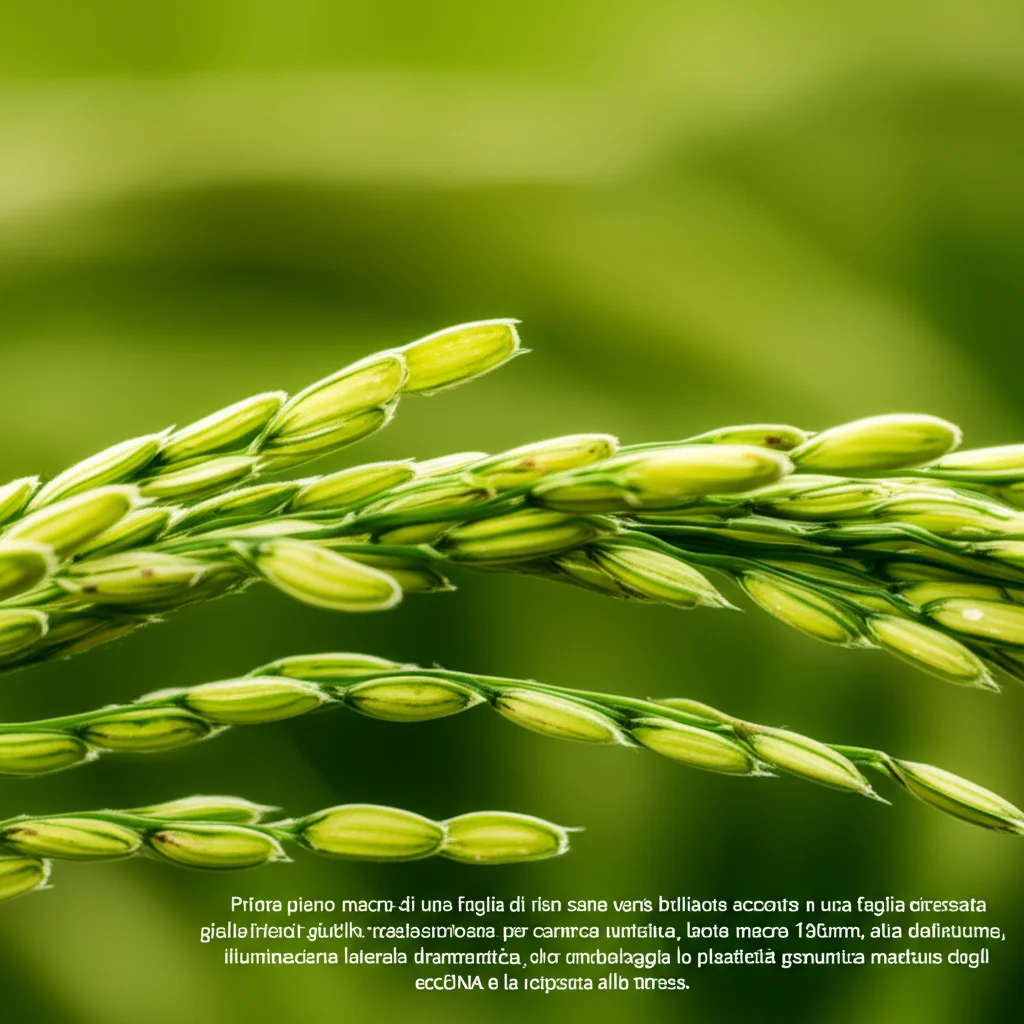 Primo piano macro di una foglia di riso sana verde brillante accanto a una foglia stressata gialla/violacea per carenza nutritiva, lente macro 105mm, alta definizione, illuminazione laterale drammatica, che simboleggia la plasticità genomica mediata dagli eccDNA e la risposta allo stress.