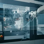 Un braccio robotico high-tech che regola con precisione i parametri su una macchina per lo stampaggio a iniezione, con un display ologrammatico che mostra curve di pressione e analisi AI in tempo reale. Obiettivo zoom 35mm, profondità di campo, illuminazione industriale high-key.