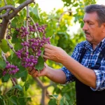 Un rigoglioso albero di pistacchio carico di frutti maturi, con un agricoltore che ispeziona attentamente un grappolo. Obiettivo macro da 70mm per dettaglio sui frutti, luce naturale dorata del tardo pomeriggio, leggera sfocatura dello sfondo per far risaltare il soggetto.
