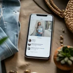 Un'immagine flat lay di uno smartphone che mostra un feed di social media con post sulla moda sostenibile, circondato da capi di abbigliamento eco-friendly, accessori naturali (come borse di paglia o gioielli in legno) e piccole piante in vaso. Luce naturale e chiara, obiettivo macro 60mm per dettagli nitidi sui tessuti e sullo schermo dello smartphone, creando un'atmosfera fresca e consapevole.