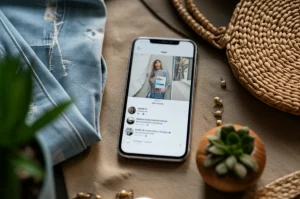 Un'immagine flat lay di uno smartphone che mostra un feed di social media con post sulla moda sostenibile, circondato da capi di abbigliamento eco-friendly, accessori naturali (come borse di paglia o gioielli in legno) e piccole piante in vaso. Luce naturale e chiara, obiettivo macro 60mm per dettagli nitidi sui tessuti e sullo schermo dello smartphone, creando un'atmosfera fresca e consapevole.