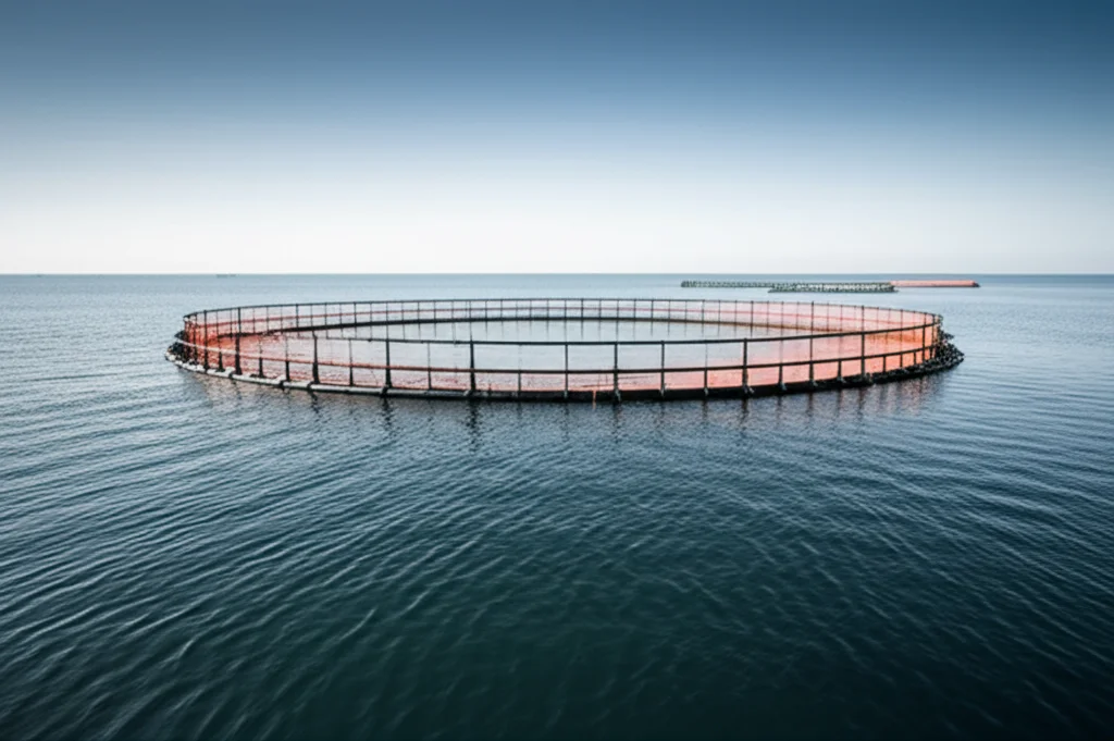 Wide-angle landscape shot, 10mm, of a large aquaculture net cage system floating in the ocean, showing the scale of the operation and the interaction with the water surface, sharp focus.