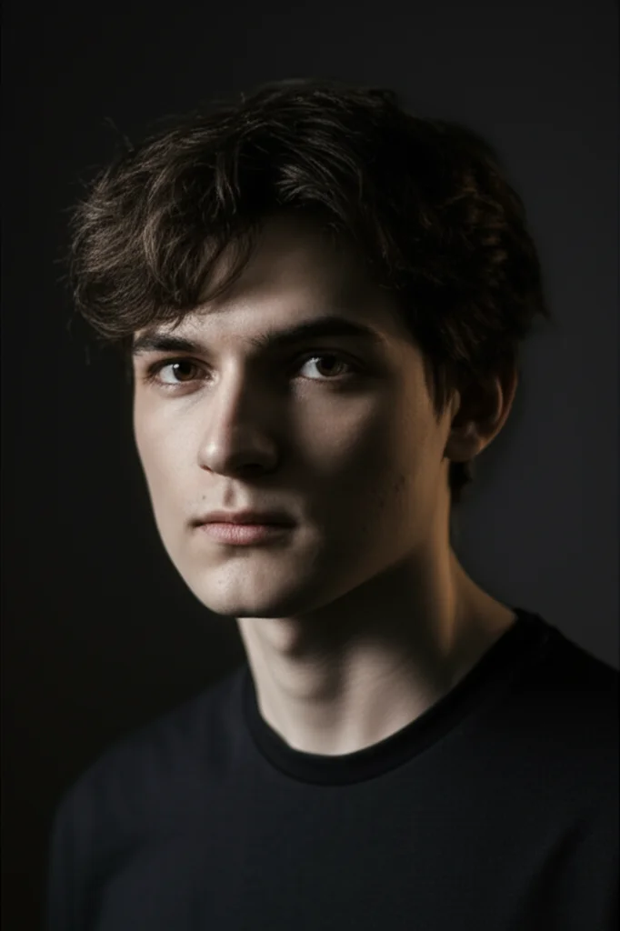 A portrait of a young person, 35mm portrait, depth of field, capturing a serious or contemplative mood.