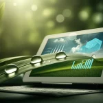 Fotografia macro di gocce d'acqua su una foglia verde brillante, con sullo sfondo sfocato un tablet che mostra grafici agricoli digitali. Obiettivo macro 100mm, illuminazione controllata, alta definizione.