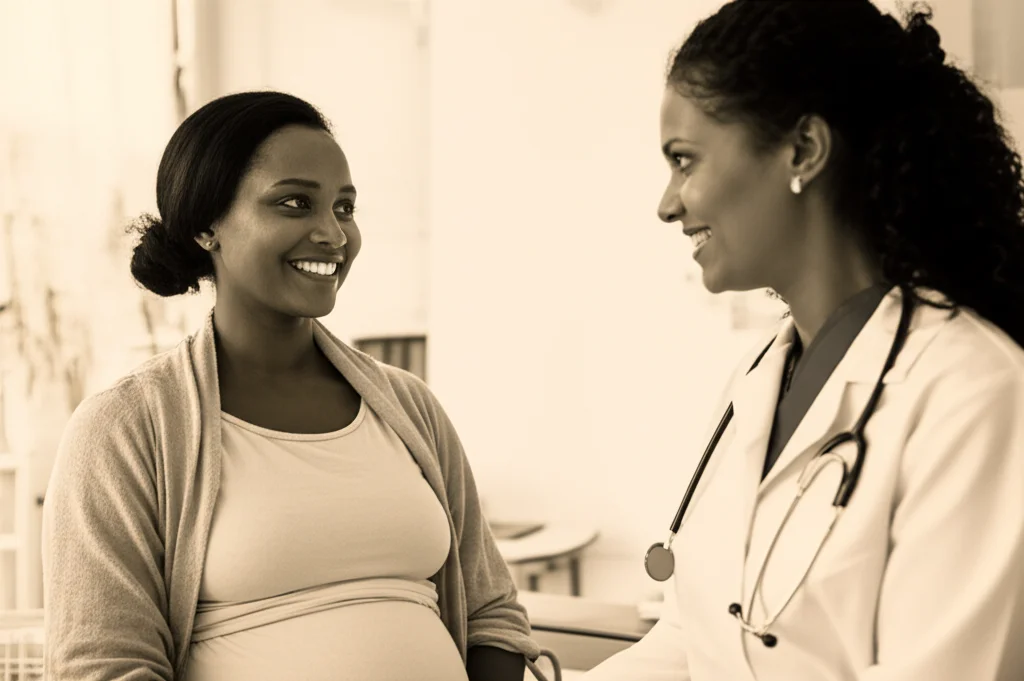 Fotografia realistica di una donna etiope incinta che riceve consulenza da un'ostetrica sorridente in una clinica luminosa. La donna ascolta attentamente. Obiettivo da ritratto 35mm, duotone seppia e crema, profondità di campo.