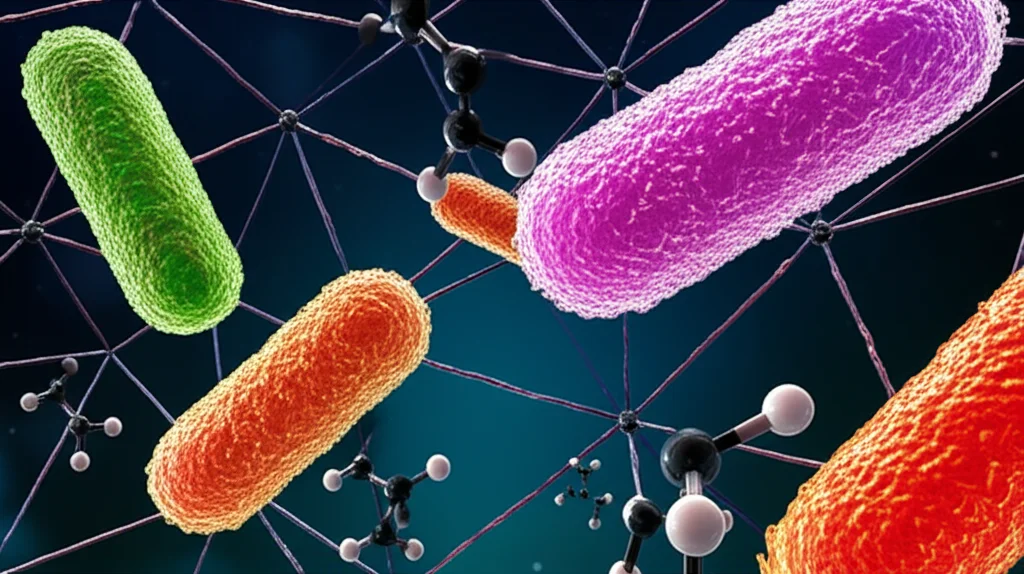 Immagine concettuale astratta che mostra una rete complessa di batteri intestinali stilizzati (forme organiche luminose di vari colori) interconnessi. Molecole di pesticidi (piccole particelle scure) si infiltrano in questa rete, causando interruzioni visibili in alcuni punti e alterazioni cromatiche. Sfondo scuro per far risaltare la luminescenza dei batteri e l'impatto dei pesticidi. Obiettivo macro 105mm, illuminazione controllata per un effetto high-tech e dettagliato.