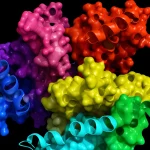 Immagine concettuale astratta che rappresenta i paesaggi energetici conformazionali di molecole flessibili e rigide, con picchi e valli colorati che simboleggiano diversi stati energetici e forme molecolari, illuminati da una luce che suggerisce l'analisi. Macro lens, 100mm, high detail, precise focusing, per rappresentare l'esplorazione dei paesaggi conformazionali.