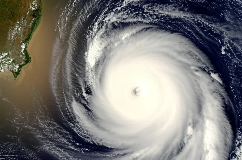 Immagine fotorealistica del Golfo del Bengala visto dall'alto: un'area con acqua superficiale visibilmente più calda (leggera distorsione termica o colore leggermente diverso) accanto a un ciclone tropicale in formazione, nuvole vorticose intense ma localizzate. Obiettivo zoom teleobiettivo 150mm, ripresa aerea, alta definizione, luce drammatica del tardo pomeriggio.