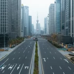 Immagine fotorealistica di una città cinese moderna vista dall'alto durante un lockdown, con strade quasi vuote e poche persone visibili, trasmettendo un senso di quiete forzata e cambiamento sociale. Wide-angle, 10mm, long exposure, sharp focus, per catturare l'ampiezza della città e l'impatto del lockdown.