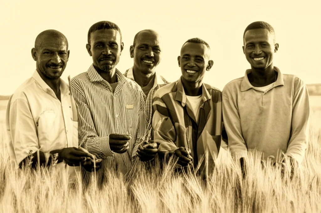 Un gruppo di piccoli agricoltori etiopi sorridenti in un campo di grano rigoglioso, alcuni tengono in mano delle spighe dorate, il sole splende. Immagine scattata con un obiettivo prime da 35mm per un ritratto di gruppo, con una leggera profondità di campo per enfatizzare i soggetti, duotone seppia e ocra per un'atmosfera calda e autentica.