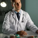 Un medico austriaco, con camice bianco, guarda pensieroso una pila di scatole di medicinali colorate sulla sua scrivania in uno studio medico moderno e luminoso. Prime lens, 35mm, depth of field, luce naturale soffusa.