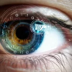 Un occhio umano dettagliato con sovrapposizioni di interfacce grafiche high-tech e linee di codice che lo scannerizzano, simboleggiando il riconoscimento facciale e la sicurezza dell'intelligenza artificiale. Obiettivo macro 100mm, alta definizione, illuminazione controllata con riflessi high-tech, profondità di campo.