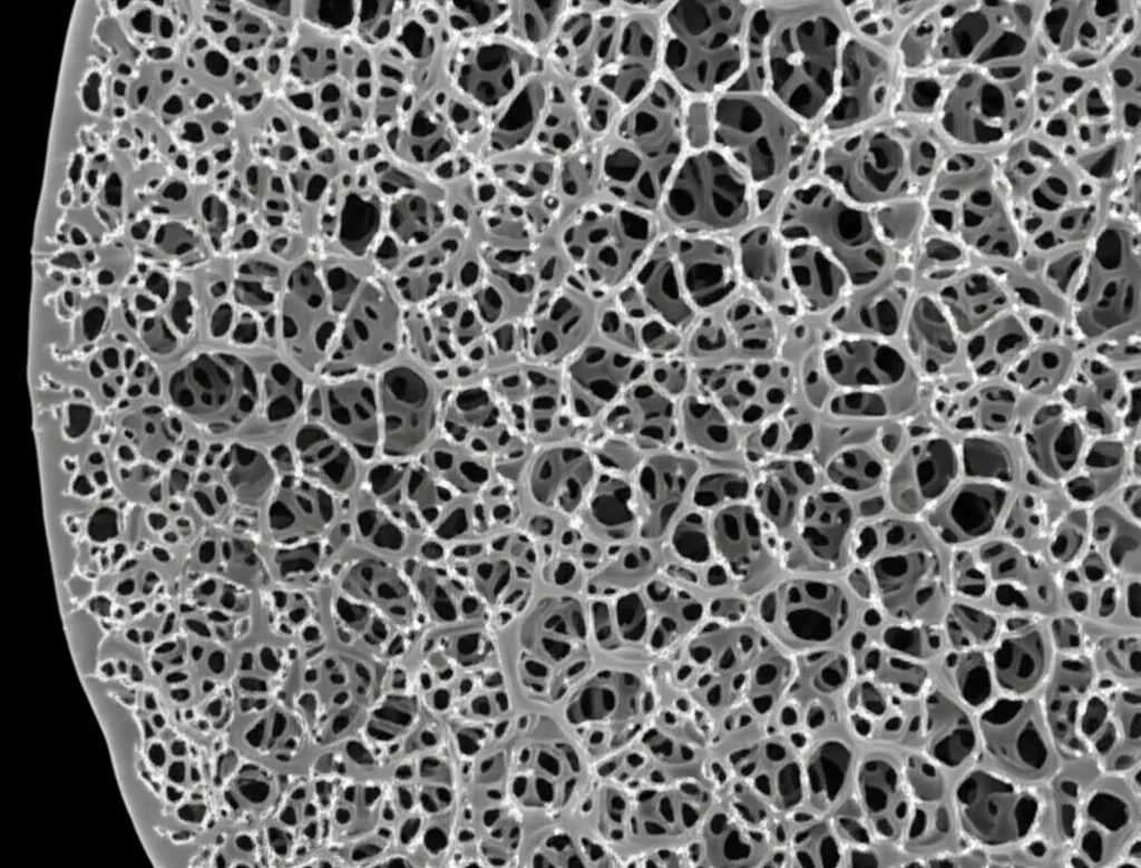 Fotografia macro ad alta definizione di una membrana Janus al collagene multifunzionale per la rigenerazione ossea avanzata. Un lato mostra una texture densa e liscia, l'altro una struttura porosa. Illuminazione da studio controllata per enfatizzare i dettagli tridimensionali e la biocompatibilità del materiale, obiettivo macro 100mm, messa a fuoco precisa sulle diverse superfici.