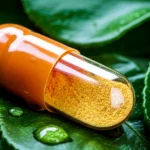 Fotografia macro di una capsula trasparente aperta che rivela una polvere giallo-arancio (simboleggiante l'obacunone), posata su foglie fresche di agrumi con gocce d'acqua. Sfondo neutro e luminoso. Obiettivo macro 90mm, alta definizione, illuminazione morbida e controllata, profondità di campo ridotta.