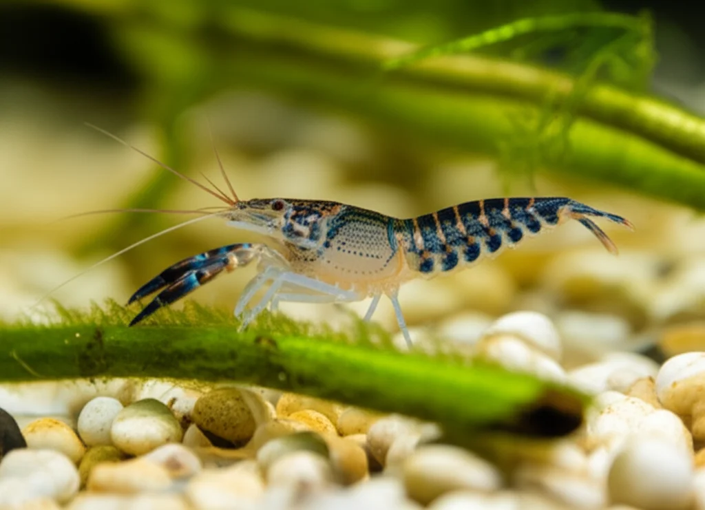 Fotografia naturalistica di un gambero d'acqua dolce Macrobrachium acanthurus nel suo habitat fluviale, obiettivo teleobiettivo 200mm, messa a fuoco sul gambero tra vegetazione acquatica, luce naturale filtrata, leggero effetto bokeh sullo sfondo.