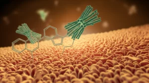 Illustrazione concettuale che mostra la molecola di Partenolide (stilizzata) che interagisce positivamente con cellule ossee (osteoblasti) su una superficie ossea trabecolare, simboleggiando la riparazione e la rigenerazione ossea. Luce soffusa e cinematografica, profondità di campo, colori caldi e rassicuranti (toni dorati e ambrati). Obiettivo 35mm, per un effetto avvolgente ma dettagliato.