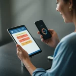 Immagine concettuale che rappresenta l'intersezione tra tecnologia sanitaria (eHealth) e gestione del diabete. Un tablet mostra grafici di glicemia e consigli personalizzati, con una persona sorridente e attiva under 60 sullo sfondo che consulta lo smartphone. Macro lens, 60mm, high detail, controlled lighting, colori vivaci ma rassicuranti.
