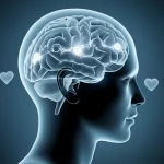 Immagine concettuale di un cervello umano con ingranaggi luminosi che rappresentano le funzioni cognitive, in particolare l'attenzione, con un cuore stilizzato sullo sfondo che simboleggia il post-infarto. Obiettivo da 35mm, duotone blu e grigio, profondità di campo.