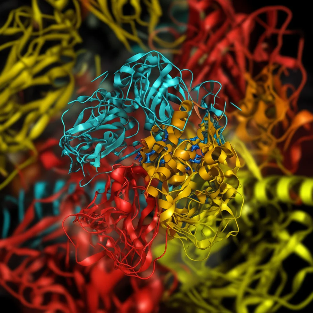 Immagine concettuale fotorealistica di molecole di 2-metilbenzo[d]ossazolo (strutture chimiche dettagliate e colorate) che si legano selettivamente a un enzima MAO-B (rappresentazione proteica 3D complessa e dinamica), con uno sfondo che suggerisce un ambiente cerebrale o farmacologico astratto, obiettivo macro 100mm, illuminazione da studio per dettagli nitidi e profondità di campo per focalizzare sull'interazione molecolare.