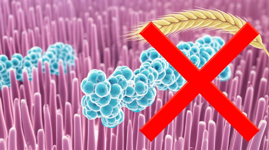 Immagine concettuale scientifica che mostra una sezione trasversale stilizzata dell'intestino tenue con villi intestinali visibili, sovrapposta a molecole di microRNA fluttuanti e luminose e simboli di cibo come una spiga di grano barrata da una X rossa. Obiettivo 50mm, profondità di campo ridotta per focalizzare sulle molecole di miRNA in primo piano, sfondo leggermente sfocato con la struttura intestinale.