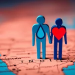 Immagine simbolica che rappresenta la doppia epidemia di ipertensione e diabete in India: due figure umane stilizzate, una con un cuore rosso acceso simboleggiante l'ipertensione e l'altra con un simbolo di goccia di sangue blu per il diabete, che si tengono per mano su una mappa sfocata dell'India. Obiettivo prime 35mm, duotone blu e rosso scuro, profondità di campo per mettere a fuoco le figure, illuminazione drammatica laterale.