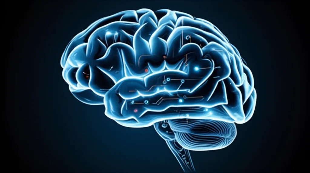 Primo piano di un cervello umano stilizzato con circuiti digitali luminosi sovrapposti, a simboleggiare l'intersezione tra neurologia e intelligenza artificiale nella previsione della sepsi. Obiettivo macro, 85mm, illuminazione drammatica con contrasto elevato, high detail per evidenziare la complessità delle connessioni neurali e digitali.