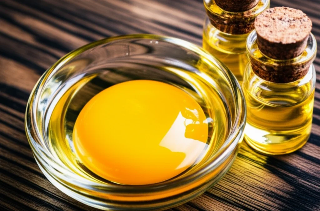 Primo piano fotorealistico di un tuorlo d'uovo diviso che mostra la sua ricca consistenza dorata, accanto a piccole fiale di vetro trasparente contenenti olio di lino e olio di girasole su una superficie di legno scuro. Obiettivo macro, 80mm, alta definizione, illuminazione laterale controllata che enfatizza la ricchezza nutrizionale e la lucentezza degli oli.