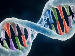 Rappresentazione artistica 3D di una molecola di microRNA che interagisce con il suo gene bersaglio all'interno di una cellula, con un focus sulla complessità e precisione del meccanismo biologico, colori vibranti su sfondo scuro, illuminazione che evidenzia i dettagli molecolari, obiettivo macro 105mm, alta definizione, per simboleggiare la scoperta scientifica nella preeclampsia.
