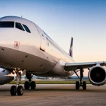Un Airbus A320 in avvicinamento finale per l'atterraggio, visto da una prospettiva laterale e leggermente frontale, con i flap e gli slat completamente estesi e il carrello abbassato. L'immagine è un portrait photography, con obiettivo da 35mm, che cattura l'aereo in dettaglio contro un cielo al crepuscolo, con colori caldi. Depth of field per mantenere l'aereo a fuoco e lo sfondo leggermente sfocato.