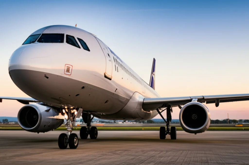 Un Airbus A320 in avvicinamento finale per l'atterraggio, visto da una prospettiva laterale e leggermente frontale, con i flap e gli slat completamente estesi e il carrello abbassato. L'immagine è un portrait photography, con obiettivo da 35mm, che cattura l'aereo in dettaglio contro un cielo al crepuscolo, con colori caldi. Depth of field per mantenere l'aereo a fuoco e lo sfondo leggermente sfocato.