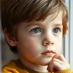 Un bambino pensieroso guarda fuori dalla finestra, simboleggiando la complessità interiore dei disturbi da tic. Fotografia ritratto, obiettivo 35mm, luce naturale morbida, colori leggermente desaturati, profondità di campo per isolare il soggetto.