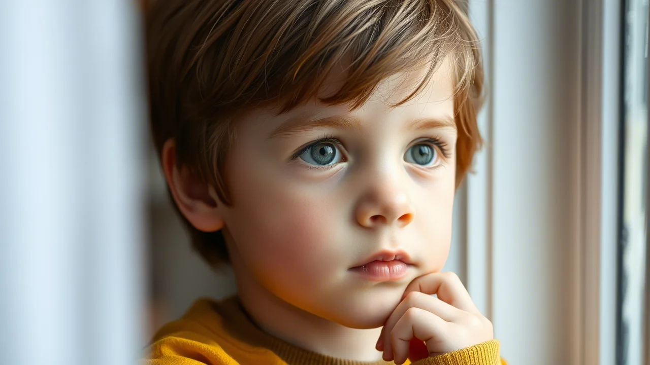 Un bambino pensieroso guarda fuori dalla finestra, simboleggiando la complessità interiore dei disturbi da tic. Fotografia ritratto, obiettivo 35mm, luce naturale morbida, colori leggermente desaturati, profondità di campo per isolare il soggetto.