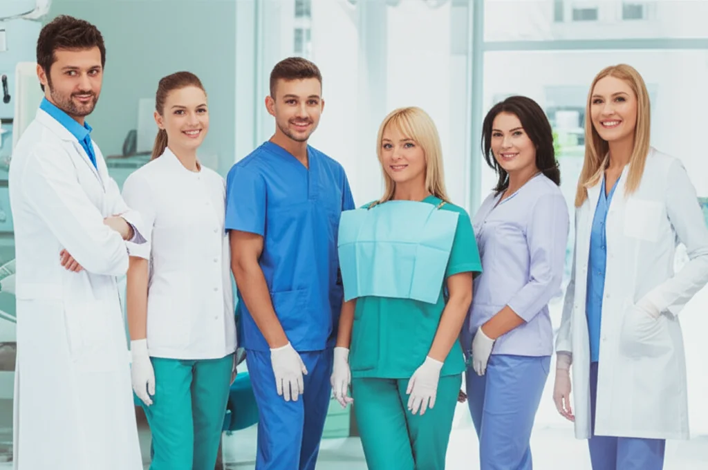 Un team di professionisti del settore dentale (dentisti, igienisti, assistenti) sorridenti e collaborativi in uno studio dentistico moderno e luminoso. La scena trasmette professionalità, supporto e un ambiente di lavoro positivo. Obiettivo prime 35mm, luce naturale brillante, colori vividi, profondità di campo media per mantenere a fuoco il team ma con uno sfondo piacevolmente sfocato.