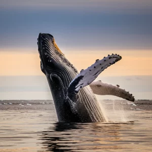 Una maestosa megattera salta fuori dall'acqua con lo sfondo di un tramonto artico, l'acqua spruzza energicamente attorno a lei, teleobiettivo zoom 400mm, scatto ad alta velocità per catturare l'azione, luce dorata del tramonto che illumina la scena.