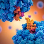 Visualizzazione artistica e fotorealistica della proteina TMPRSS11D che si auto-attiva, con dettagli molecolari del sito di clivaggio e un virus SARS-CoV-2 in avvicinamento. Prime lens, 35mm, depth of field, con toni blu e arancioni per evidenziare l'interazione.