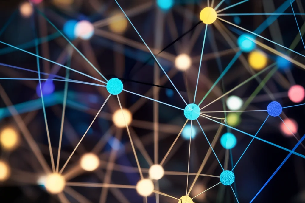 Visualizzazione astratta di un grafo fuzzy complesso con nodi interconnessi di varie intensità, che simboleggia la rete di dati paziente e le relazioni per la pianificazione del trattamento oncologico. Macro lens, 100mm, high detail, controlled lighting, per enfatizzare la precisione dell'analisi.