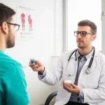 Fotografia realistica in stile reportage, un medico di base nel suo studio nel Sud Italia discute con un paziente asmatico, mostrando un inalatore. Sullo sfondo, poster medici e una finestra. Obiettivo 50mm, luce ambientale, profondità di campo media.