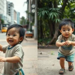 Fotografia realistica, stile documentaristico, obiettivo 24mm, che mostra due bambini cinesi che giocano all'aperto: uno in un ambiente urbano più secco e ventoso (simbolo del Nord Cina) e l'altro in un ambiente più verde e umido (simbolo del Sud Cina), simboleggiando le differenze ambientali legate all'asma. Luce naturale, colori vividi, profondità di campo media.