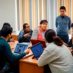 Gruppo di studenti di medicina nepalesi e un tutor in una sessione di Problem-Based Learning (PBL) collaborativa e dinamica. Obiettivo prime 35mm, colori caldi, atmosfera di apprendimento coinvolgente, profondità di campo, luce naturale da finestra laterale.