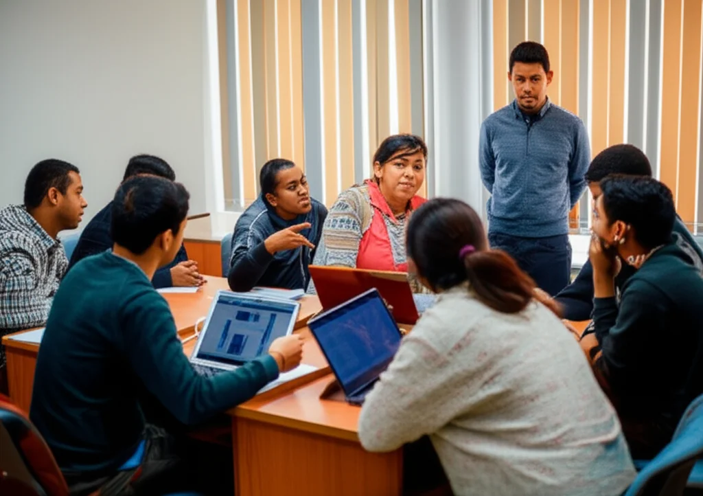 Gruppo di studenti di medicina nepalesi e un tutor in una sessione di Problem-Based Learning (PBL) collaborativa e dinamica. Obiettivo prime 35mm, colori caldi, atmosfera di apprendimento coinvolgente, profondità di campo, luce naturale da finestra laterale.