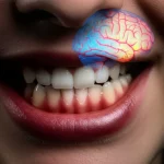 Immagine concettuale che rappresenta il legame tra bruxismo e stress: un primo piano di una mascella tesa con denti che quasi si toccano, sovrapposta a un cervello stilizzato con aree illuminate che indicano stress e ansia. Illuminazione drammatica, obiettivo macro 90mm, alta definizione dei dettagli.