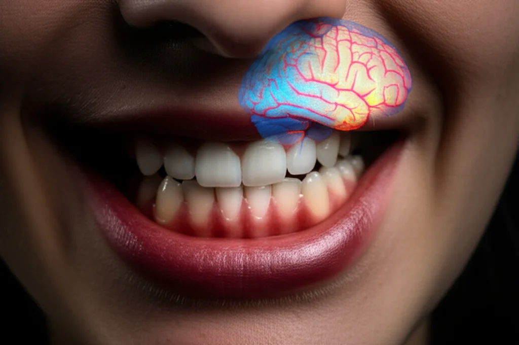 Immagine concettuale che rappresenta il legame tra bruxismo e stress: un primo piano di una mascella tesa con denti che quasi si toccano, sovrapposta a un cervello stilizzato con aree illuminate che indicano stress e ansia. Illuminazione drammatica, obiettivo macro 90mm, alta definizione dei dettagli.