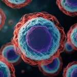 Immagine concettuale fotorealistica: una cellula linfatica stilizzata che si trasforma, metà con caratteristiche indolenti (più piccola, contorni morbidi) e metà aggressiva (più grande, contorni netti), sfondo sfocato di un laboratorio di ricerca, illuminazione drammatica, lente macro 90mm, alta definizione.