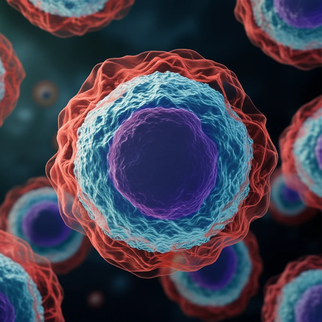 Immagine concettuale fotorealistica: una cellula linfatica stilizzata che si trasforma, metà con caratteristiche indolenti (più piccola, contorni morbidi) e metà aggressiva (più grande, contorni netti), sfondo sfocato di un laboratorio di ricerca, illuminazione drammatica, lente macro 90mm, alta definizione.