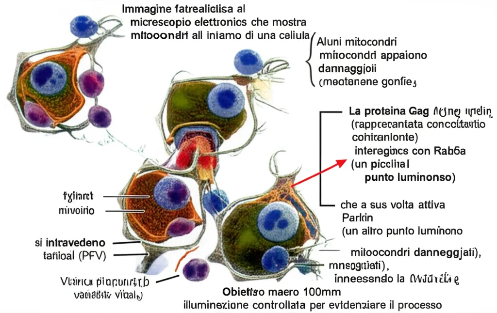 Immagine fotorealistica al microscopio elettronico che mostra mitocondri all'interno di una cellula. Alcuni mitocondri appaiono danneggiati, con membrane gonfie. Vicino, si intravedono particelle virali (PFV). La proteina Gag virale (rappresentata concettualmente) interagisce con Rab5a (un piccolo punto luminoso) che a sua volta attiva Parkin (un altro punto luminoso vicino ai mitocondri danneggiati), innescando la mitofagia. Obiettivo macro 100mm, alto dettaglio, illuminazione controllata per evidenziare il processo.
