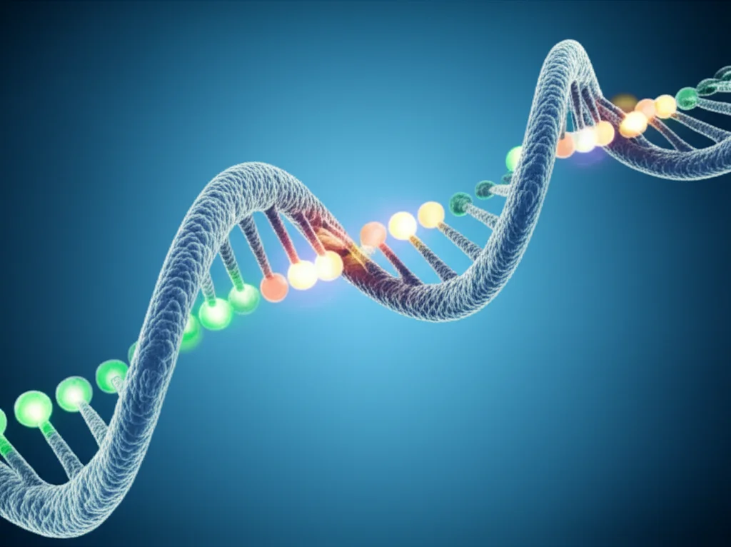 Immagine fotorealistica di una doppia elica di DNA con segmenti luminosi che simboleggiano mutazioni genetiche, su uno sfondo astratto blu che richiama la ricerca scientifica. Obiettivo macro, 100mm, high detail, illuminazione da studio per un look pulito e scientifico.