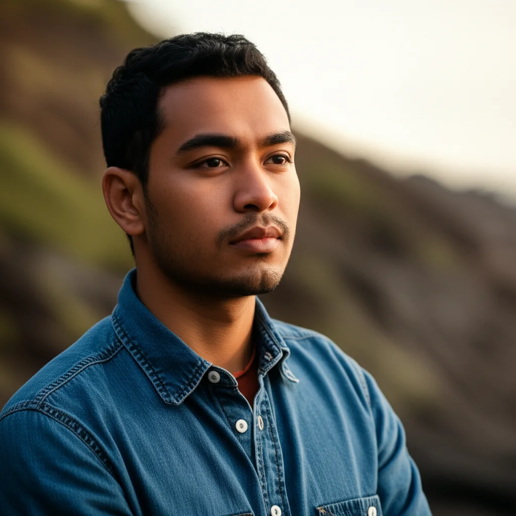 Portrait photography, 35mm portrait, a thoughtful individual with a diverse background, depth of field, looking towards the future.