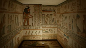 Ricostruzione fotorealistica dell'interno della tomba di Tutankhamon, con focus sulle crepe nel soffitto e sulle pareti affrescate, illuminazione suggestiva per evidenziare la vulnerabilità. Obiettivo grandangolare 18mm, lunga esposizione per catturare i dettagli nell'ombra.
